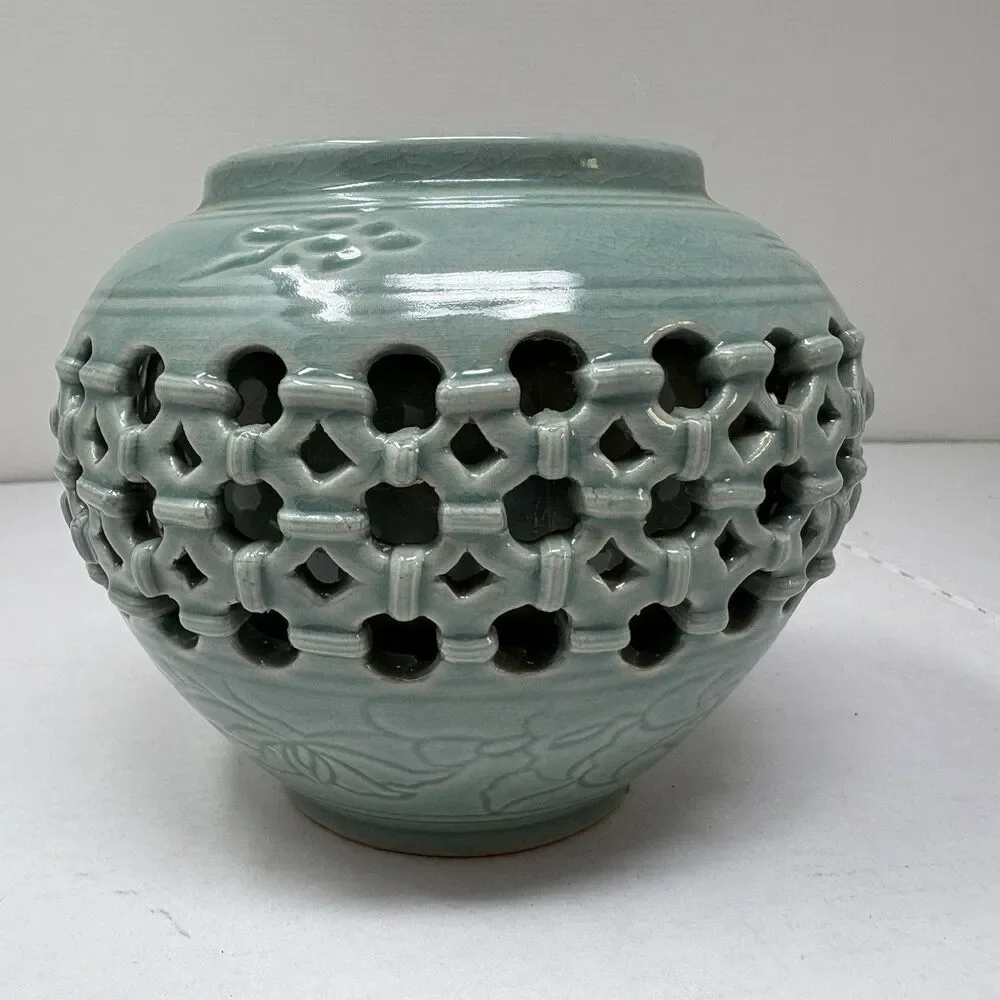 Korean Celadon Double Wall Openwork Vase W/Inlaid Crane & Cloud Motif 5” x 6”